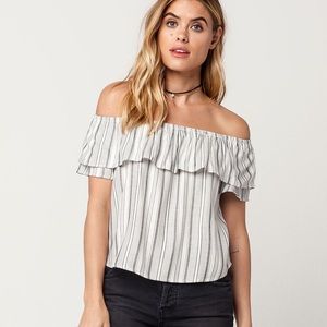 SOCIALITE | Women’s Blue & White Striped Off-the-Shoulder Ruffle FlounceTop